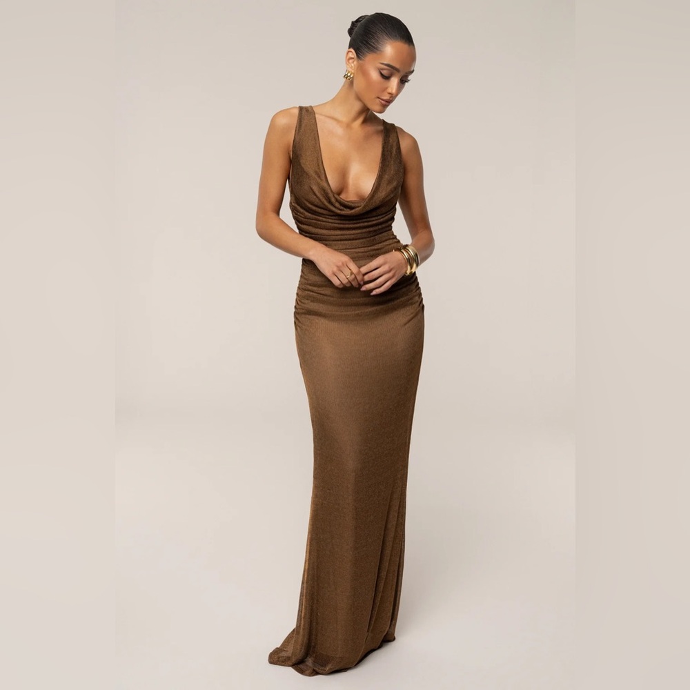 Elegant Brown Draped Evening Gown